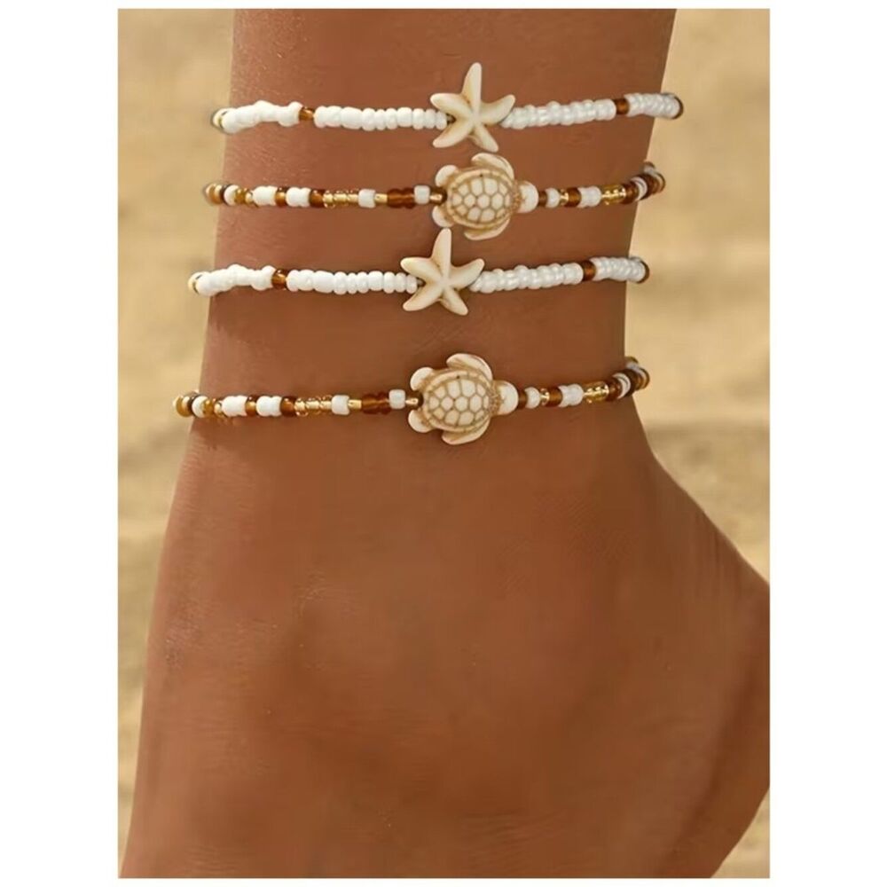 NWT 4pc Glass Bead Ankle Bracelets Multi-Layer Stacked Starfish Sea Turtle Charm